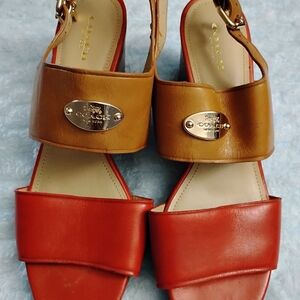 Coach Women's Red Tan Signature Wedge Slingback Sandals